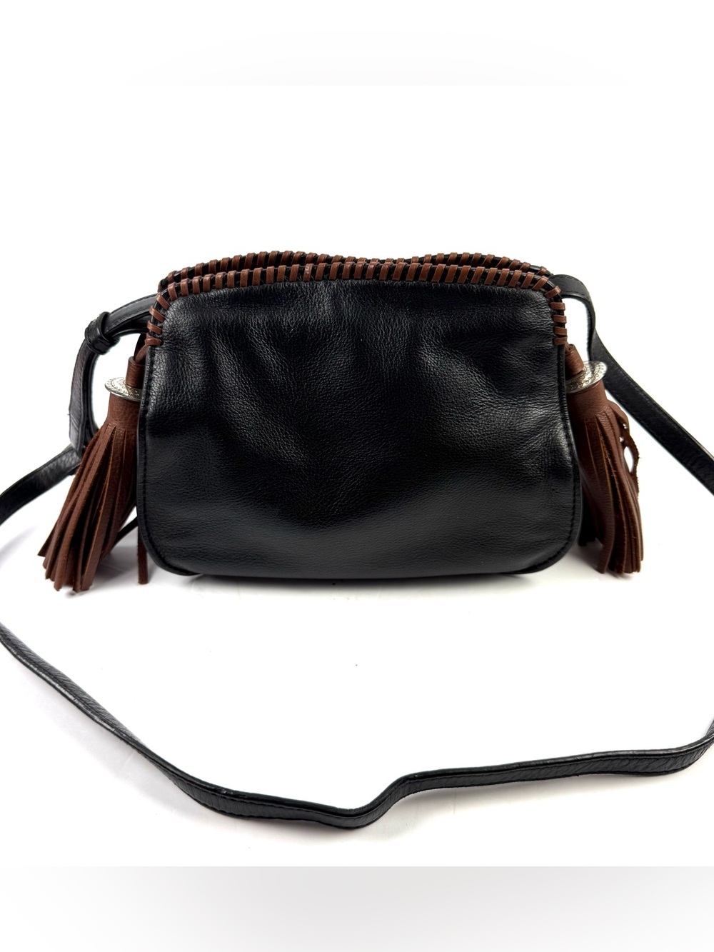 Brighton Chica Handbag Black Brown Leather Shoulder Bag Tassel Fringe Boho